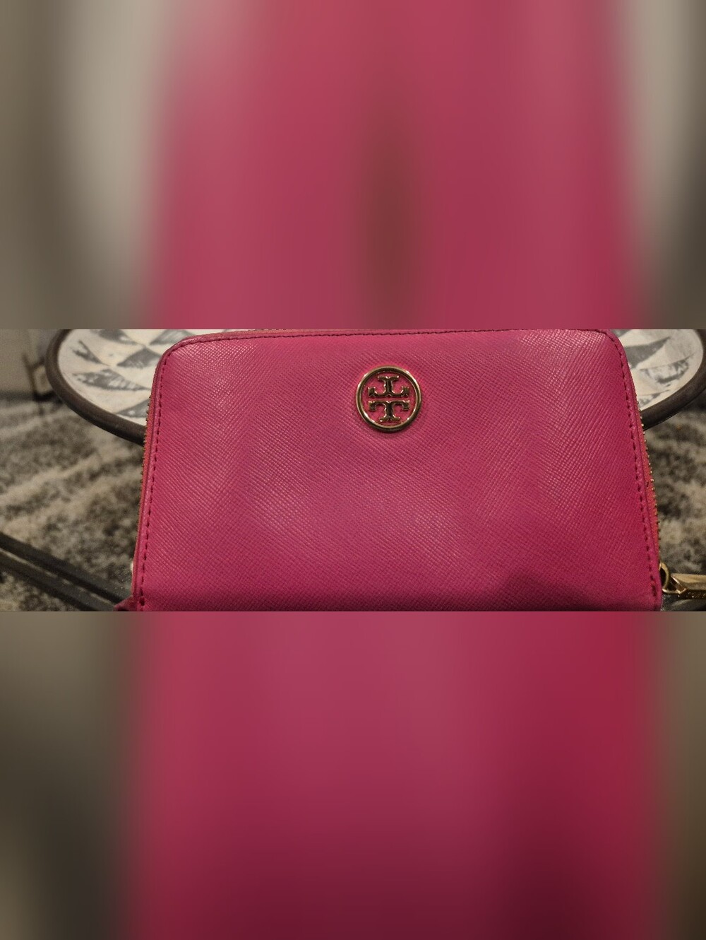 Tory Burch Hot Pink Saffiano Leather Wallet with Gold Logo